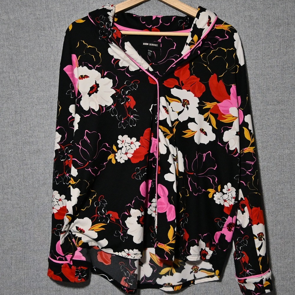 Room Service Pajama Set Womens Floral Long Sleeve Button Up XXL Black Pink